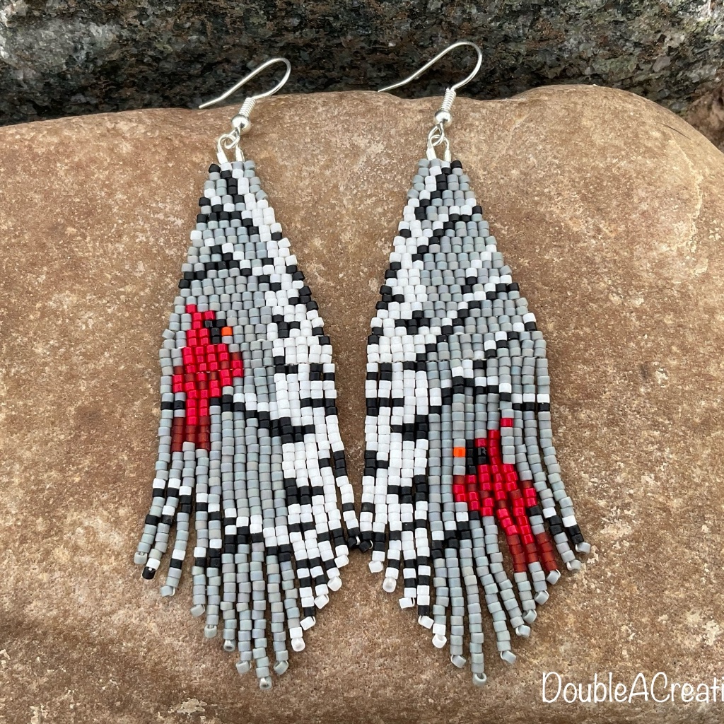 Red Cardinal Birds In A Birch Tree Beaded Earrings, New, Handmade By Me